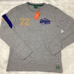 SuperDry Men’s Grey with Blue Yellow Stripes on Long Sleeves Crew NeckT-Shirt